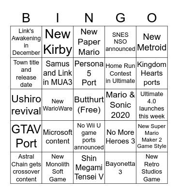 Nintendo E3 2019 Direct Bingo Card