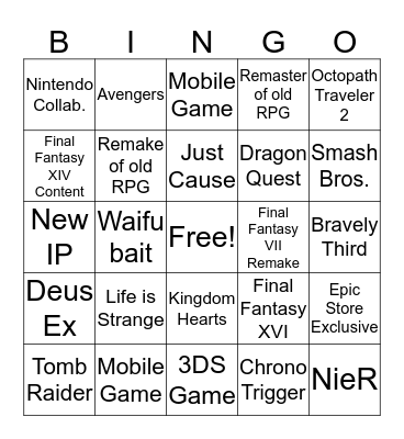 Square Enix E3 2019 Bingo Card