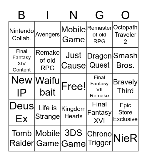 Square Enix E3 2019 Bingo Card