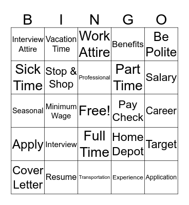 Employment Bingo AllStar Bingo Card