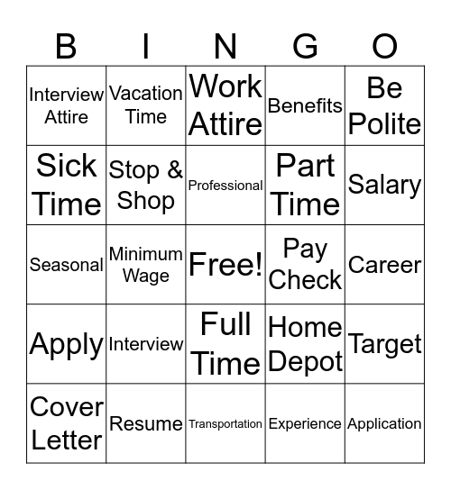 Employment Bingo AllStar Bingo Card