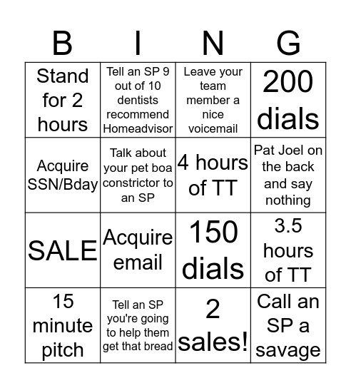 Savage Sales Bingo Card
