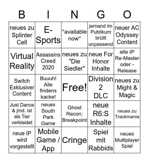 Ubisoft E3 Bingo Card