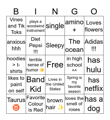 Cas’s Bingo Card