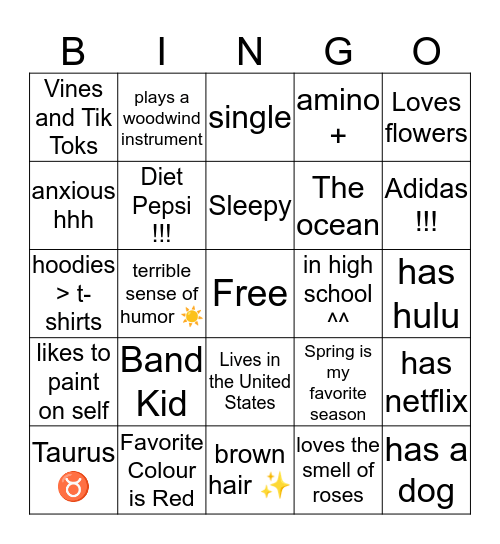 Cas’s Bingo Card