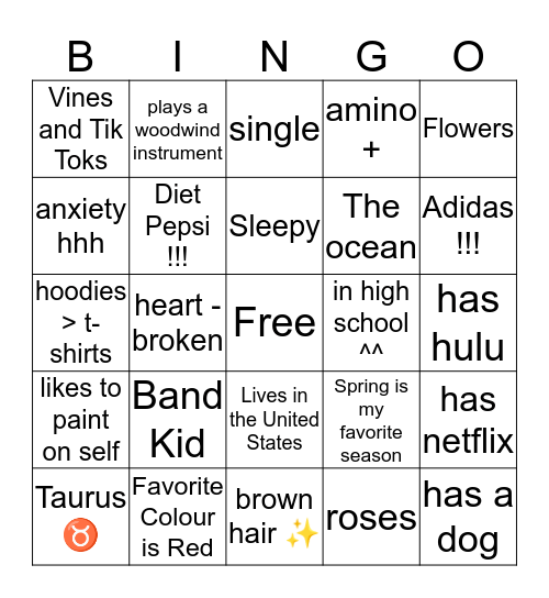 Cas’s Bingo Card