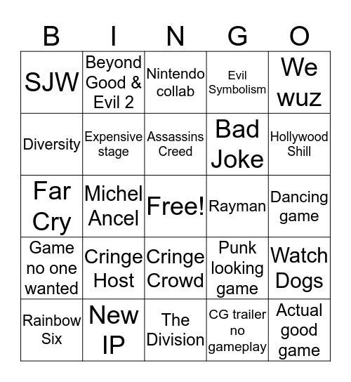 E3 2019 Ubisoft Bingo Card