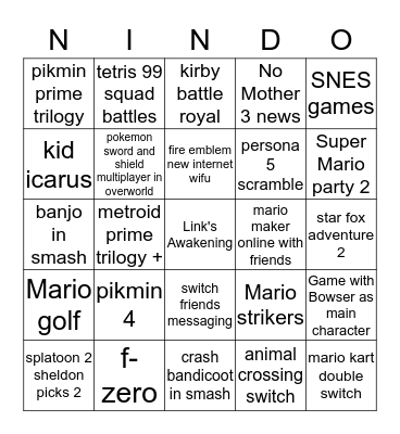 Nintendo E3 2019 Bingo Card