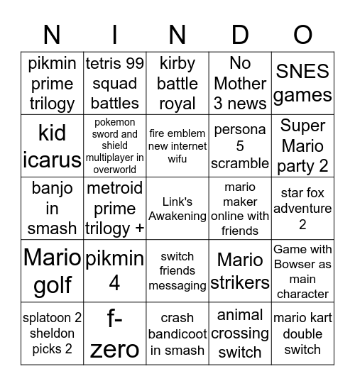 Nintendo E3 2019 Bingo Card