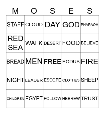 ESCAPE FROM EGYPT Bingo Card