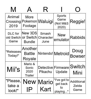 Nintendo E3 Bingo Card