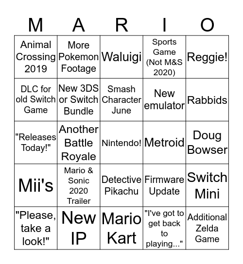 Nintendo E3 Bingo Card