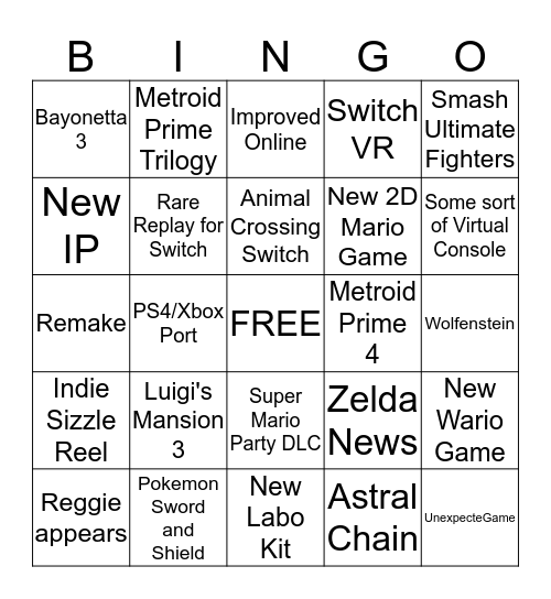 Nintendo E3 2019 Bingo Card