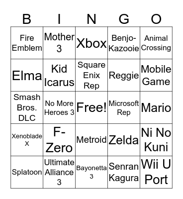 Nintendo E3 Bingo Card