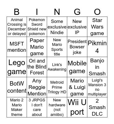 Nintendo @ E3 Bingo Card