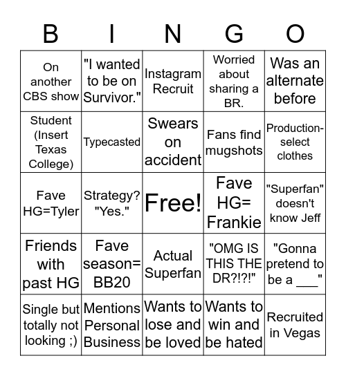 Cast Reveal Bingo Card