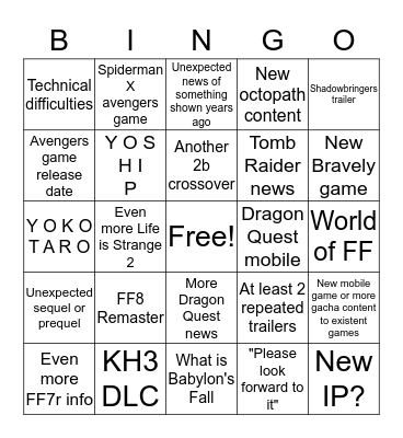 Square Enix e3 2019 Bingo Card