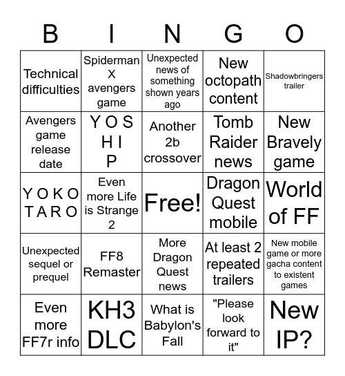 Square Enix e3 2019 Bingo Card