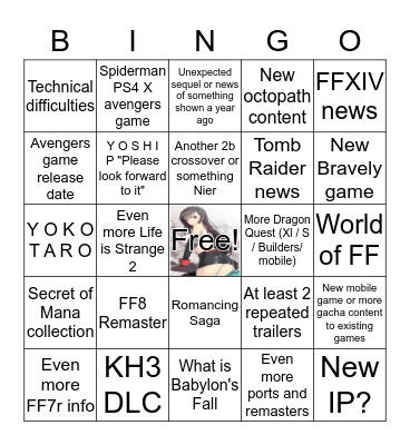 Square Enix e3 2019 Bingo Card