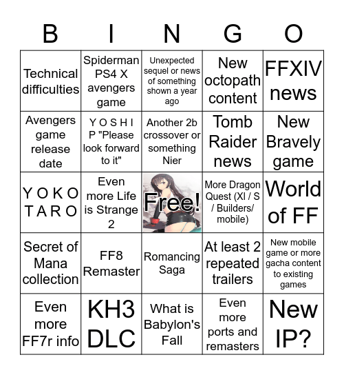 Square Enix e3 2019 Bingo Card