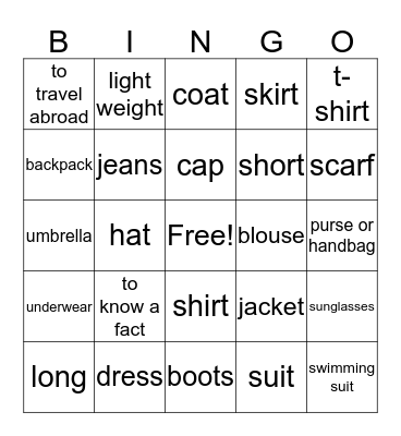 La Ropa Bingo Card