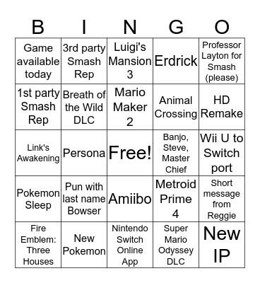 E3 Nintendo Direct 2019 Bingo Card