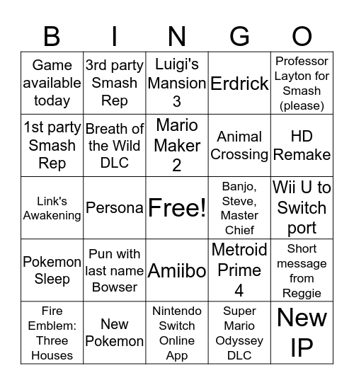 E3 Nintendo Direct 2019 Bingo Card