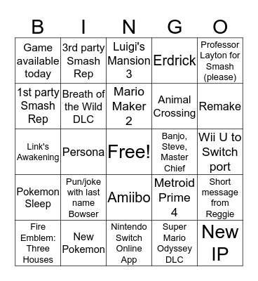 E3 Nintendo Direct 2019 Bingo Card
