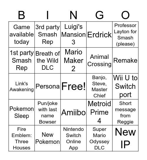 E3 Nintendo Direct 2019 Bingo Card
