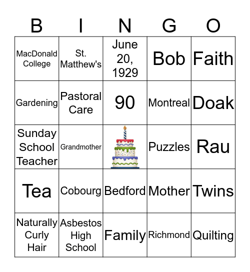 Sylvia's 90th Birthday! Bingo Card