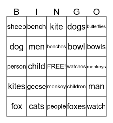 Singular or Plural Bingo Card