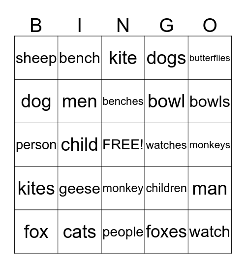 Singular or Plural Bingo Card