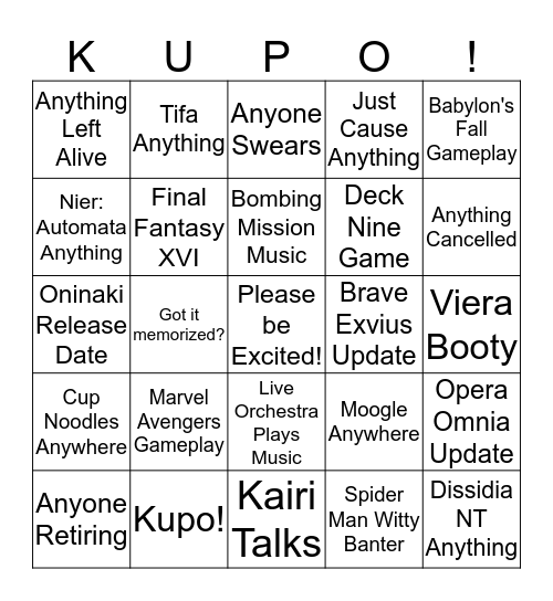 Square Enix Conference 2019 Bingo Card