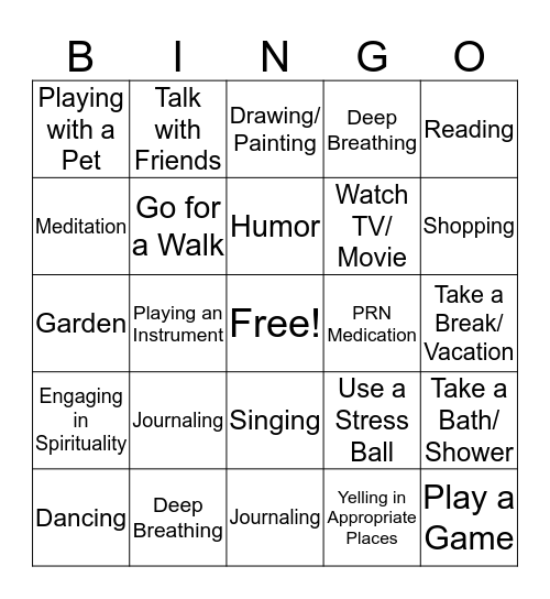 Coping Skills Bingo Card