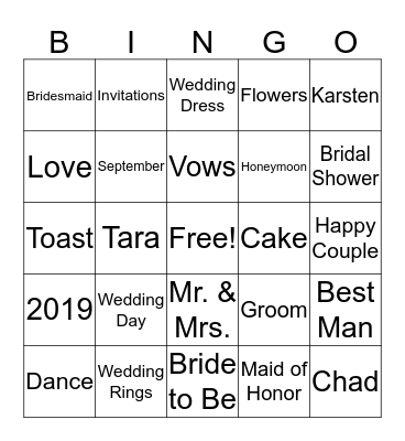 Tara's Bridal Shower - Bingo! Bingo Card