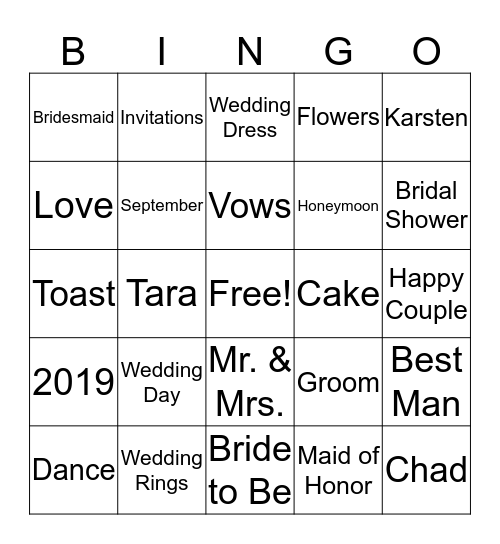 Tara's Bridal Shower - Bingo! Bingo Card