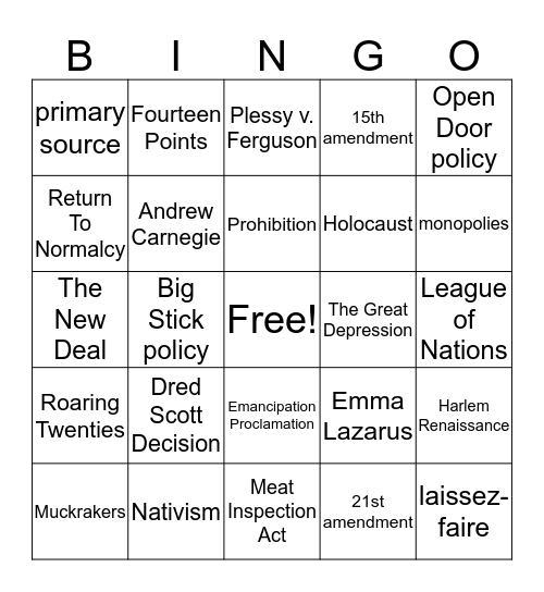Final Exam Vocabulary Review  Bingo Card