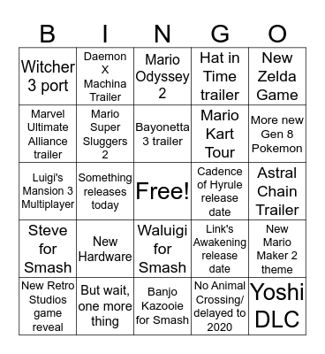 Nintendo E3 Bingo Card