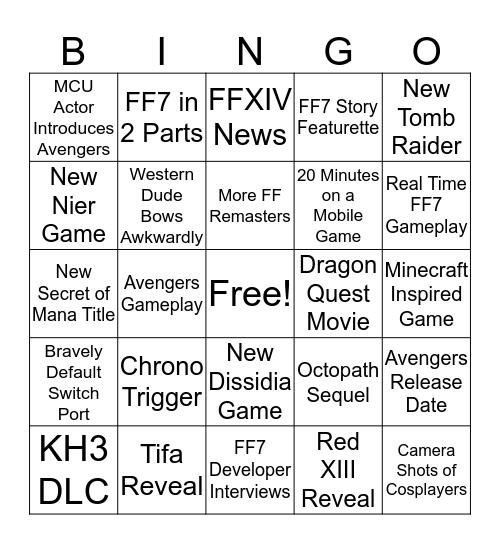 Square Enix Conference  Bingo Card