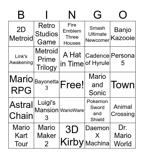 Nintendo E3 2019 Bingo Card