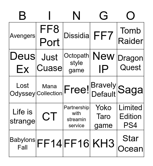 SE E3 2019 Bingo Card