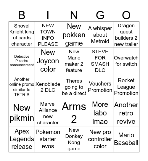 2019 E3 Direct Bingo Card