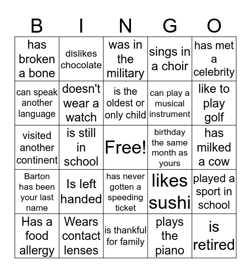 Family Bingo Card