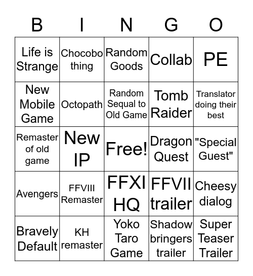 Square Enix E3 Keynote Bingo Card