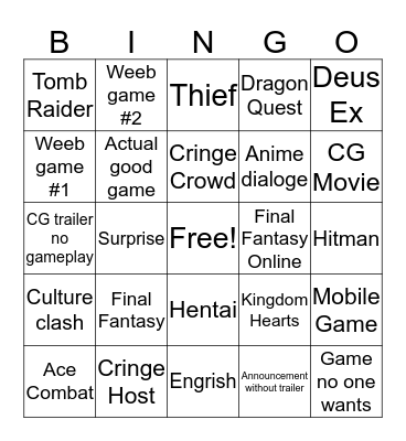 E3 2019 Square Enix Bingo Card