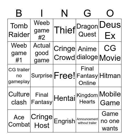 E3 2019 Square Enix Bingo Card