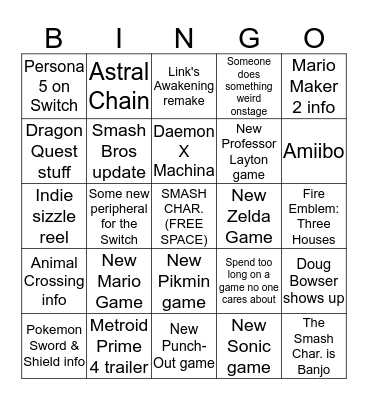 Nintendo E3 Bingo Card