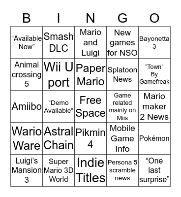 Nintendo E3 bingo Card