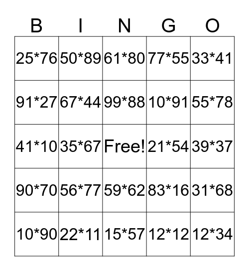 DOUBLE MULTIPLICATION BINGO Card