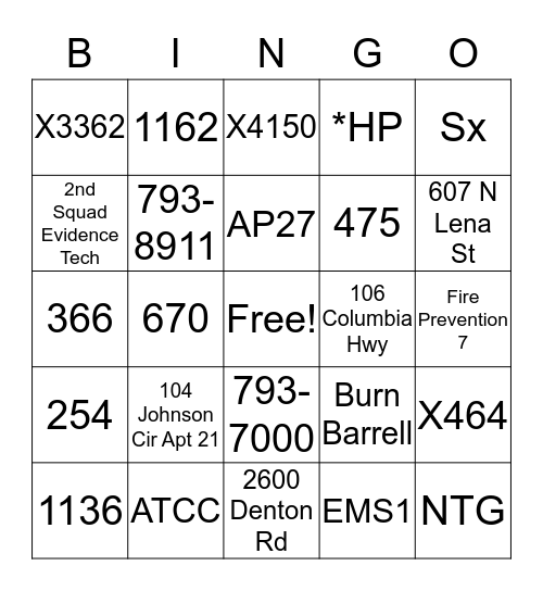 X 2 1 5       B I N G O  Bingo Card